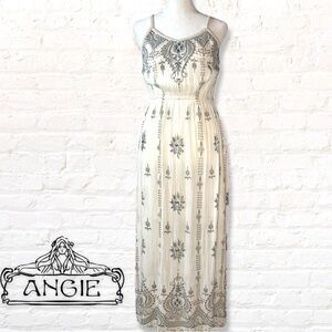 Angie Cream Boho Maxi Dress Braided Rope Neck Detail Size Small Crinkle Gauze